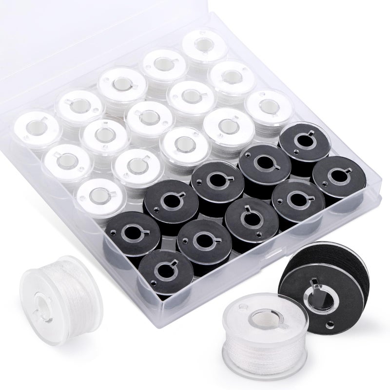 UzecPk Sewing Thread Kit, 25 Pcs Bobbins for Sewing Machine, Embroidery Bobbin Thread Size A SA156 Sewing Machine Threads for Embroidery and Sewing Machines DIY 50yds/Spool (White/Black) - Image 1